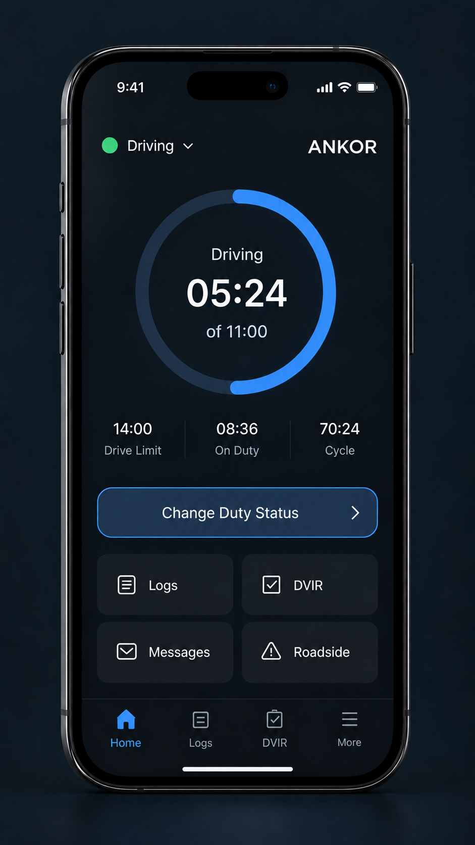 ANKOR driver app concept on a realistic black phone, with a circular driving-time display and compact controls.